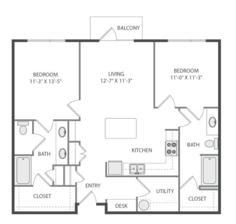 Floor plan for 2 beds, 2 baths, 1080 sqft